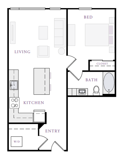 Floor plan for 1 bed, 1 bath, 701 sqft